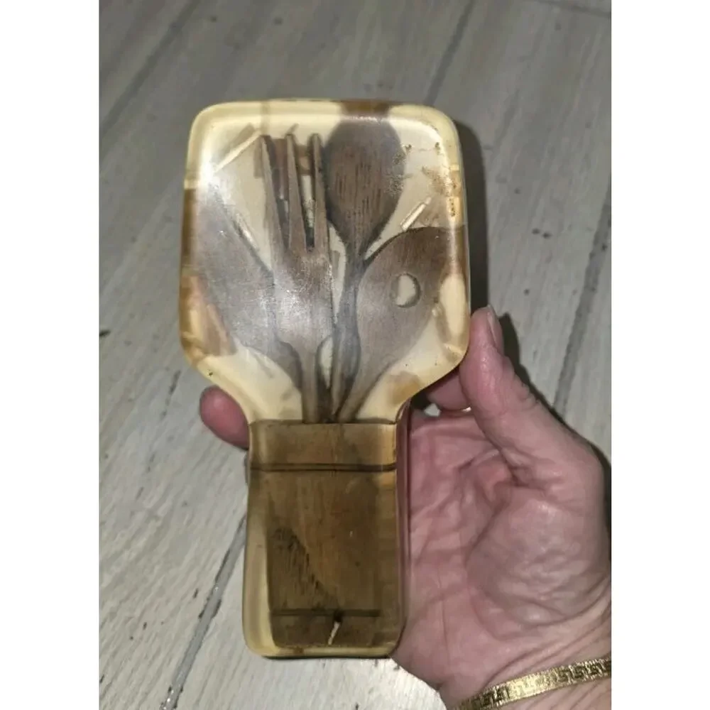Vintage 1970s Retro MCM Acrylic Lucite Spoon Rest W/Wooden Spoon Fork Design